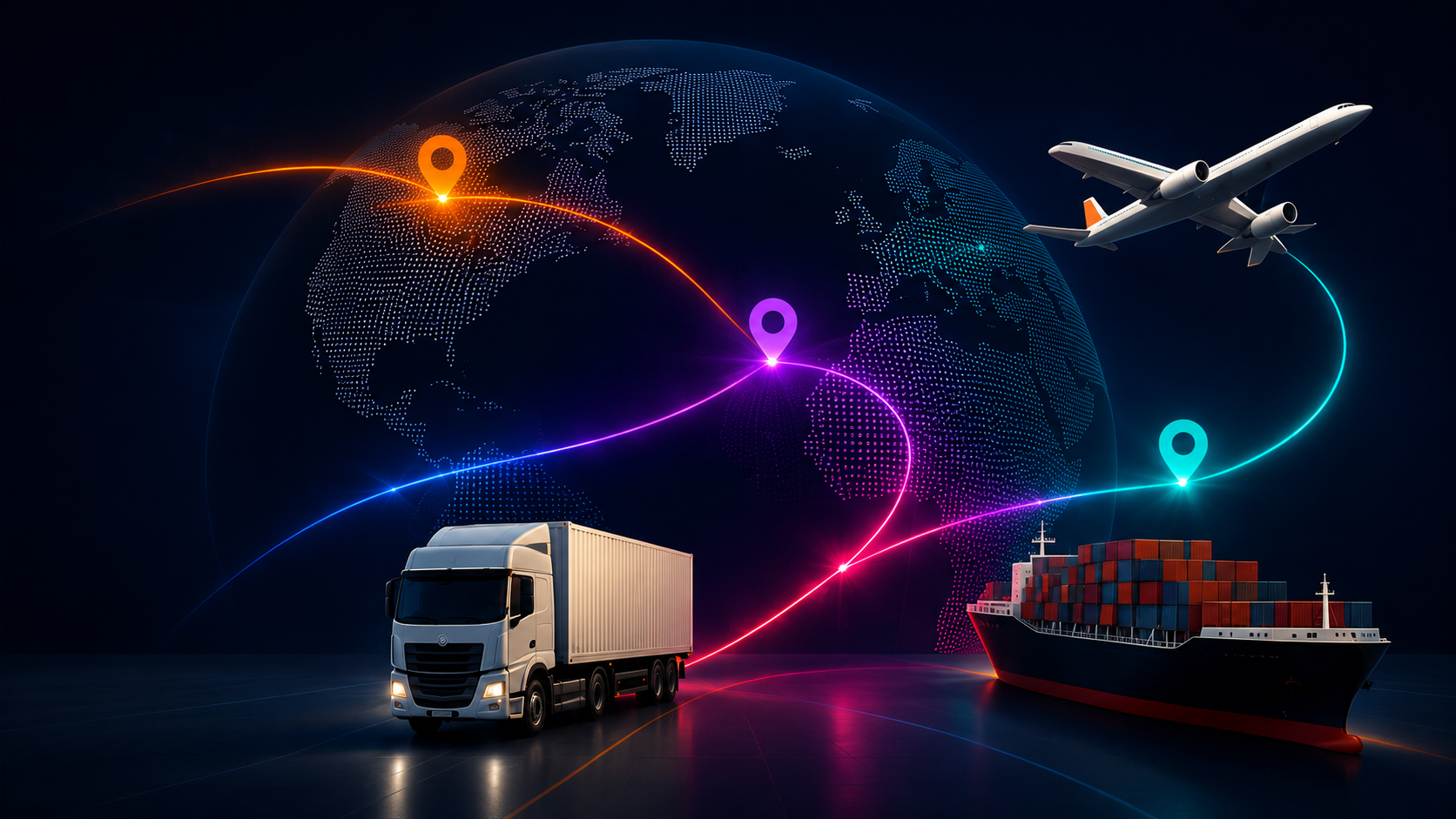 Global logistics — truck, aircraft and cargo ship